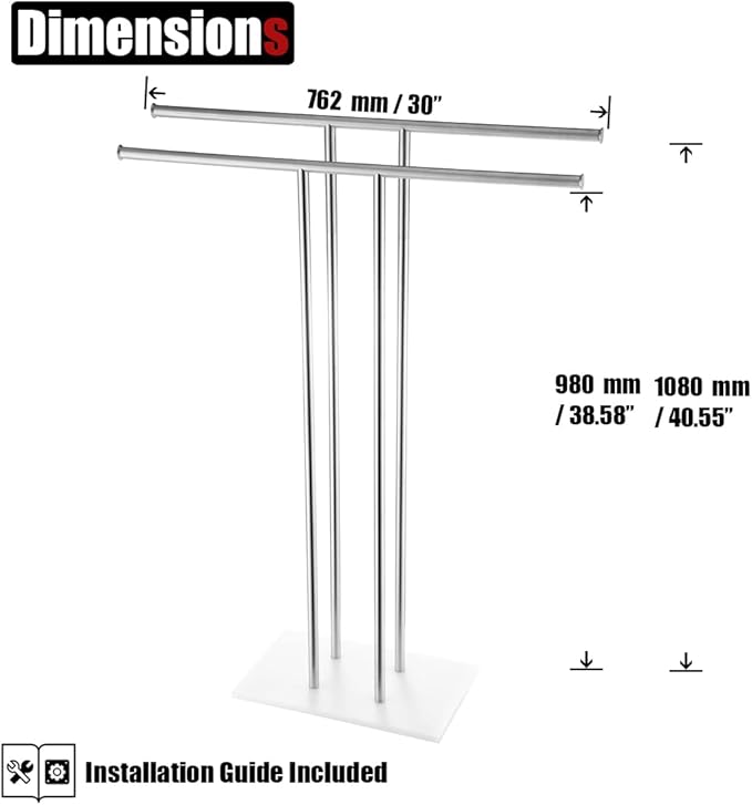 JQK Bath Towel Holder Stand Brushed, 30 Inch Free Standing Double Towel Rack Shelf for Bathroom Floor, Brushed Steel, BTH100L30-WN