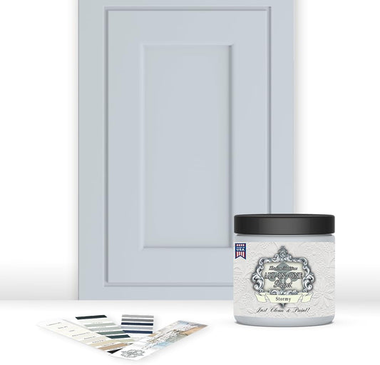 ALL-IN-ONE Paint, Durable cabinet and furniture paint. Built in primer and top coat, no sanding needed. Includes our 30 featured color card - Stormy (pastel blue), 8oz Sample