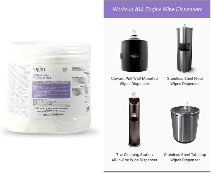 Zogics Antimicrobial Wipes and Tabletop Stainless Steel Wipe Dispenser