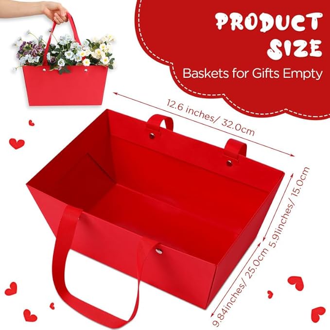 Tuanse 30 Pcs Basket for Gift Empty DIY Bulk Gift Basket Kit with Handle Kraft Cardboard Tray with 30 Bag 30 Bow Market Tray for Wedding Party(Red,12.6 x 9.8 x 5.9 in)