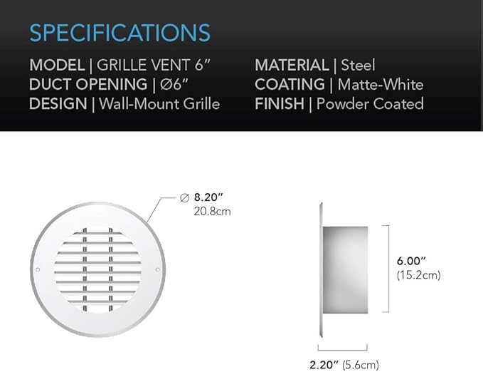 AC Infinity Wall-Mount Duct Grille Vent for 6-Inch Ducting, White Metal, Heating Cooling Ventilation and Exhaust