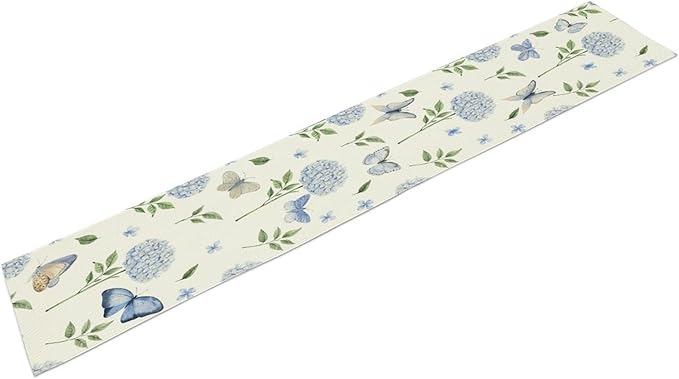 Hydrangea Butterfly Table Runner, Seasonal Spring Summer Table Runner for Holiday Kitchen Dining Home Party Outdoor 13x108in