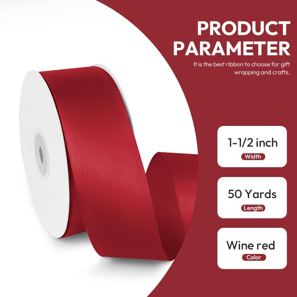 1-1/2" x 50 Yards Satin Ribbon - Burgundy Silk Ribbon with Spool - Ideal for Gift Wrapping, Floral Bouquets, Crafts, Wedding Party Decorations, Christmas and Sewing Projects