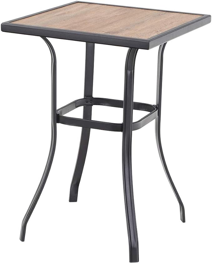 PHI VILLA Patio Bar Table, Outdoor Bar Height Bistro Table with Wooden-Like Table Top & Metal Frame, Brown