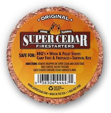 4 Count Starts up to 16 Fires for Wood Stoves, Campfires, Grill Pit and Fireplace, Natural & Waterproof. Easy to Light, Fresh Cedar Aroma, Burns for 30 Minutes.