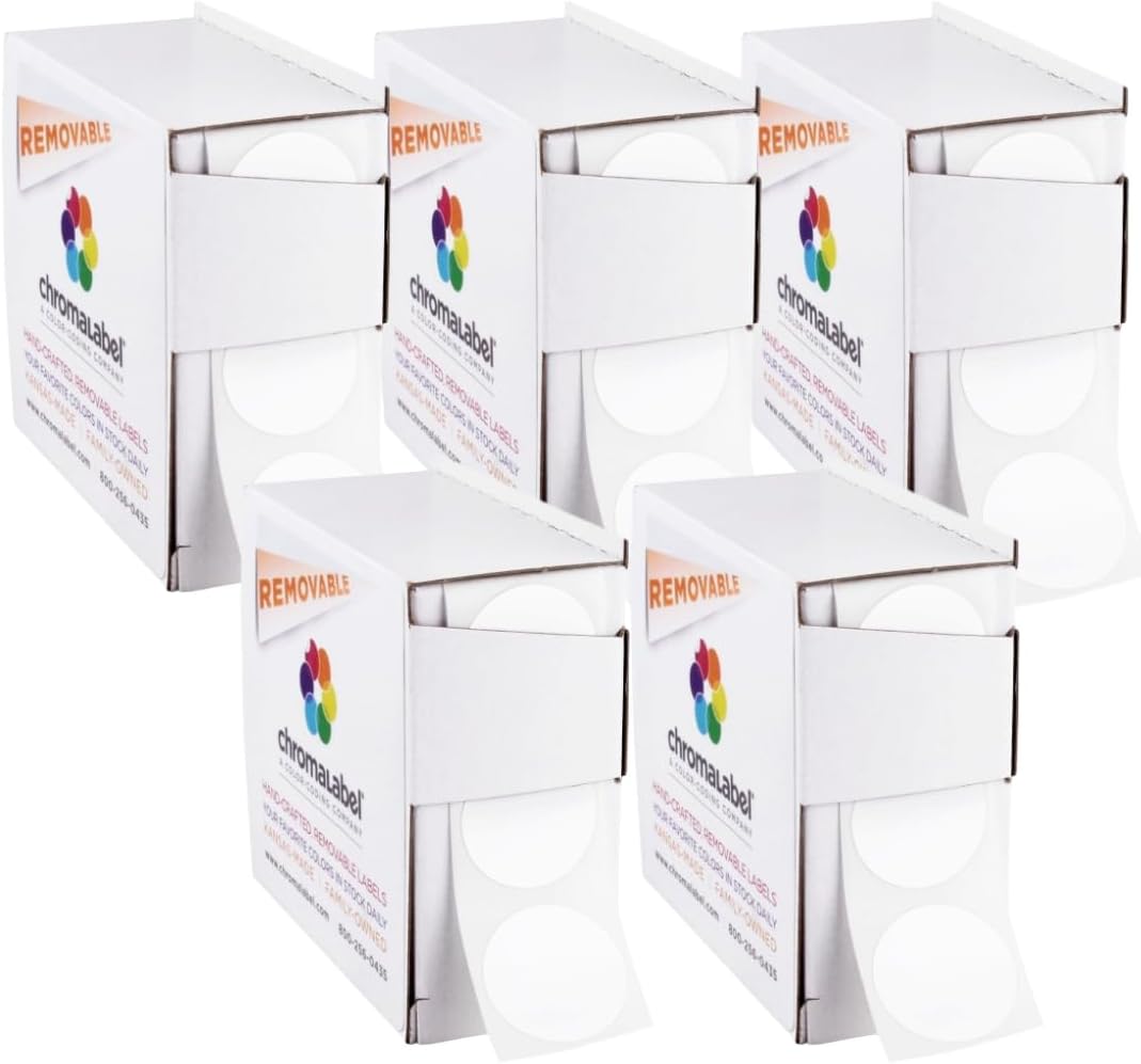 ChromaLabel 1 Inch Circle Sticker Labels, Easy to Write On Round Colored Stickers, Removable Sticky Dots - 1000 Dot Label Stickers per Dispenser Box, White Sticker Labels - Case of 5