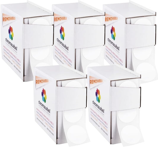 ChromaLabel 1 Inch Circle Sticker Labels, Easy to Write On Round Colored Stickers, Removable Sticky Dots - 1000 Dot Label Stickers per Dispenser Box, White Sticker Labels - Case of 5