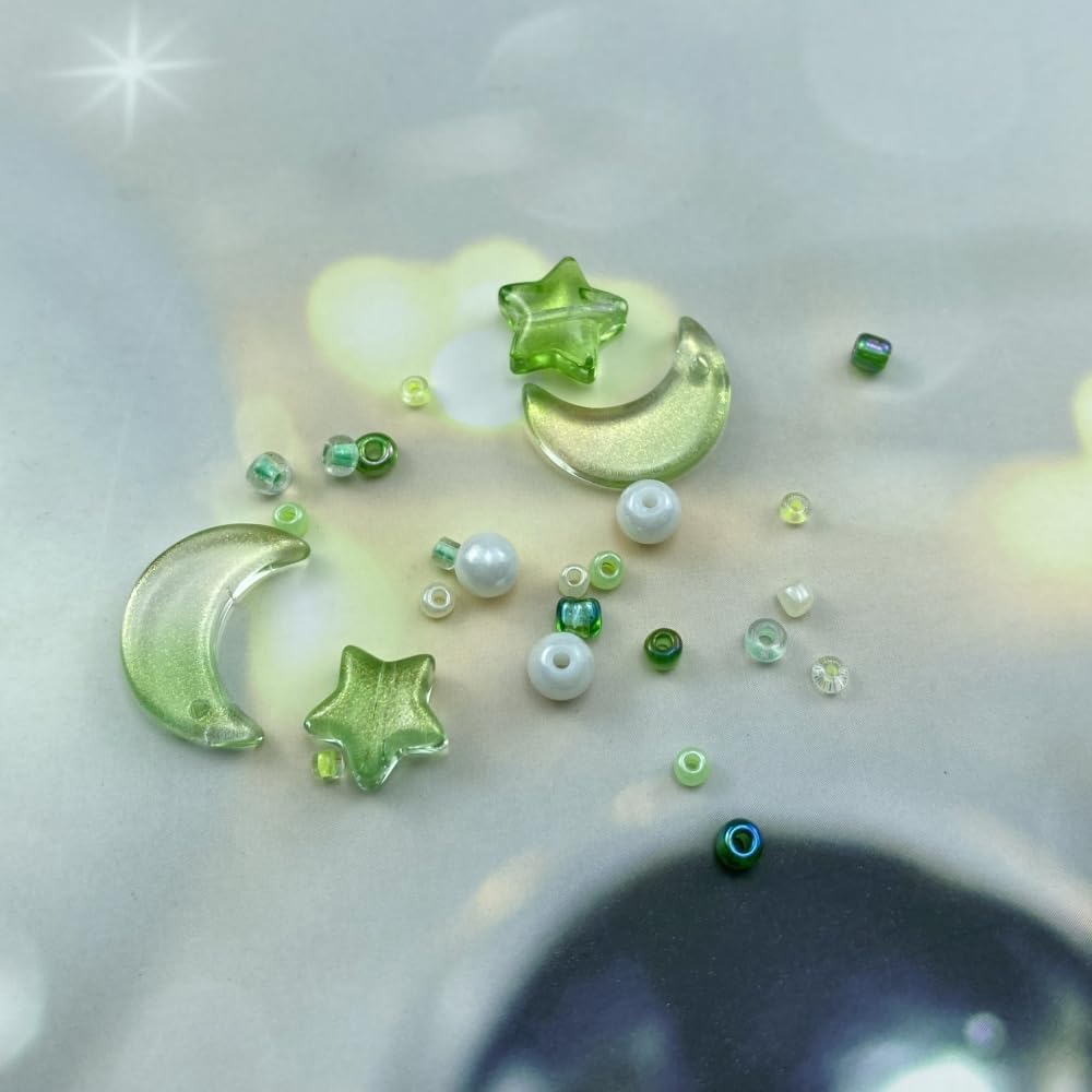 Assorted Glass Beads for Jewelry Making Multi Size Colors Glass Star Moon Seed Pearl Spacer Beads for Bracelets Necklace Earring Making(White Light Green)