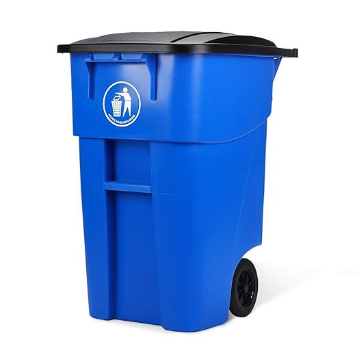 50 Gallon Trash Can with Lid Rollout Recycling Bin Large Outdoor, Commercial Heavy-Duty Container with Wheels, Blue