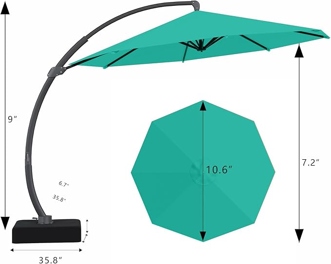 7 Piece Patio Dining Set with 11ft Patio Umbrella (Teal), 7 Black Outdoor HDPE Dining Set with 6 Chairs + 1 Large Table, for Market, Pool, Garden, Backyard, Deck