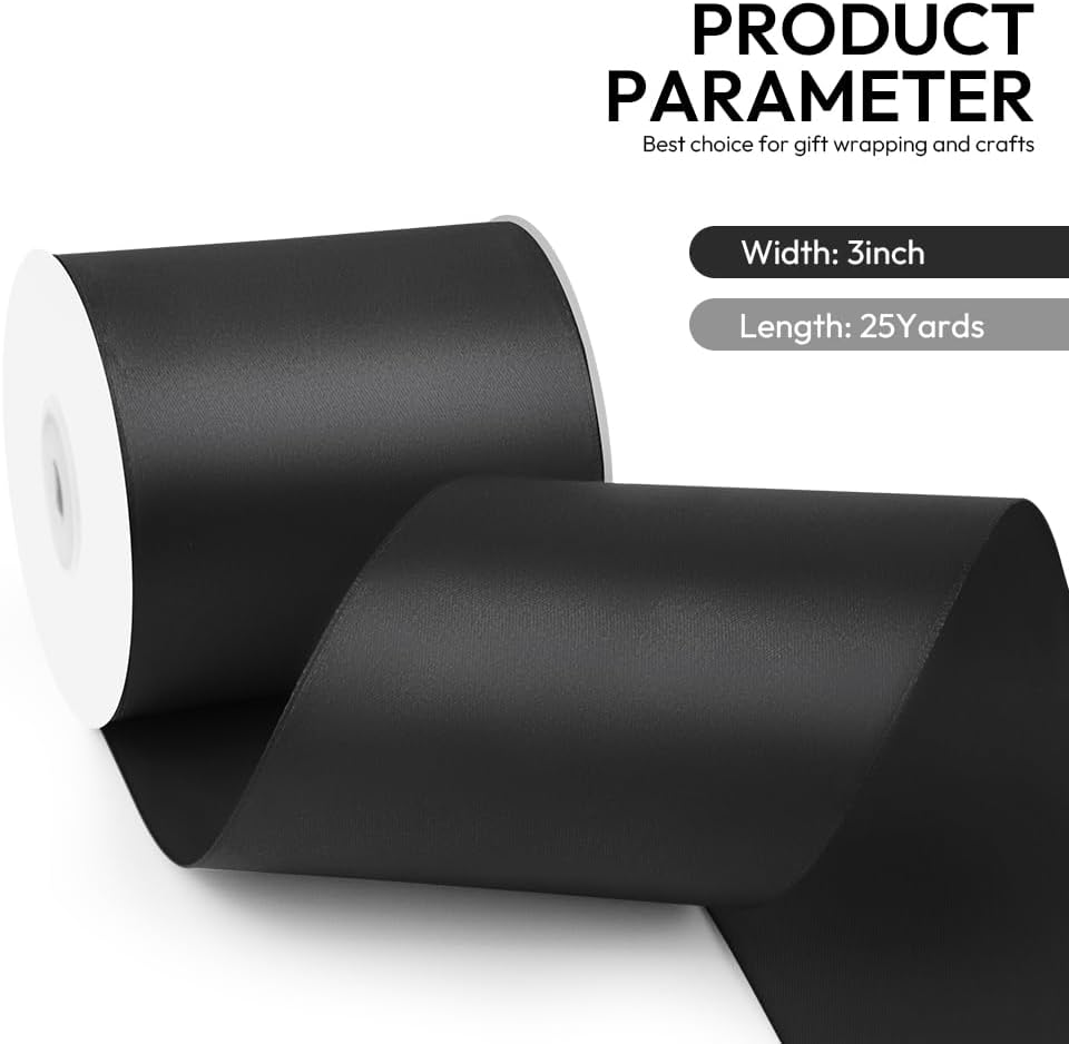 3 Inch 25 Yard Wide Satin Ribbon Black, Solid Fabric Large Ribbon Roll for Cutting Ceremony Wedding Opening Party Decoration, Chairs, Sewing, Festival Pageant Sashes