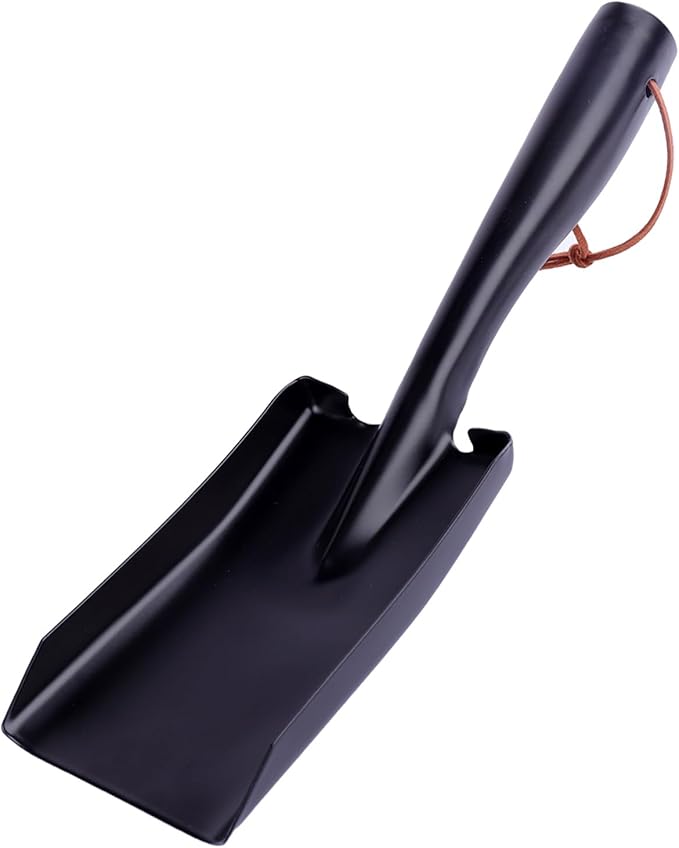 Metal Garden Ash Shovel, Black Steel, Compact Size with Leather Strap, for Fireplace, BBQ, Charcoal Cleanup