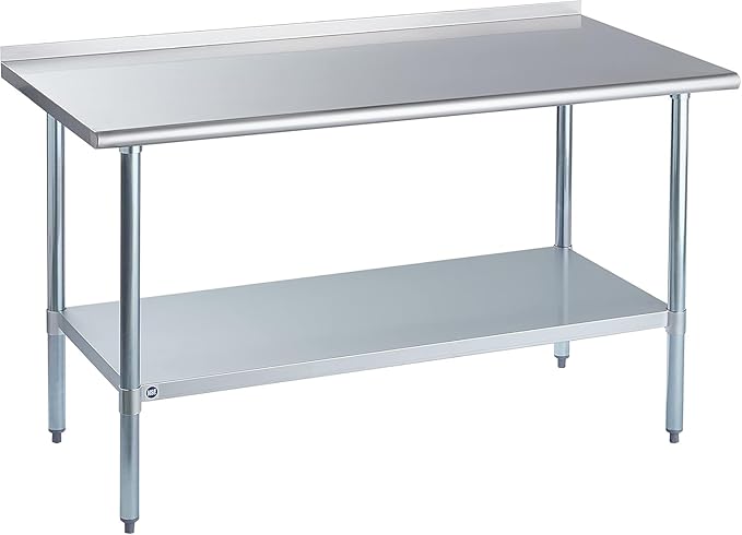 ROCKPOINT Stainless Steel Table for Prep & Work with Backsplash 30x60 Inches, NSF Metal Commercial Kitchen Heavy Duty Table with Adjustable Under Shelf and Table Foot for Restaurant, Home and Hotel