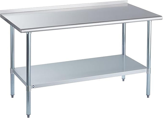 ROCKPOINT Stainless Steel Table for Prep & Work with Backsplash 30x60 Inches, NSF Metal Commercial Kitchen Heavy Duty Table with Adjustable Under Shelf and Table Foot for Restaurant, Home and Hotel