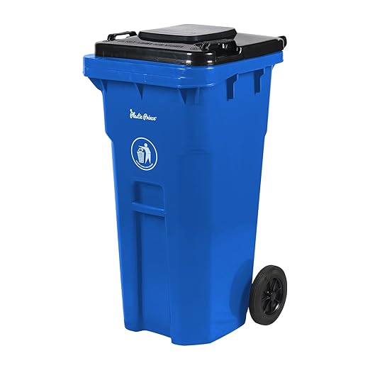32 Gallon Trash Can Outdoor Recycling Bin with Lid and Wheels Heavy Duty Rolling Garbage Can with Lid Blue Recycle Trash Can with Wheels for Warehouse Hospital Restaurant Office
