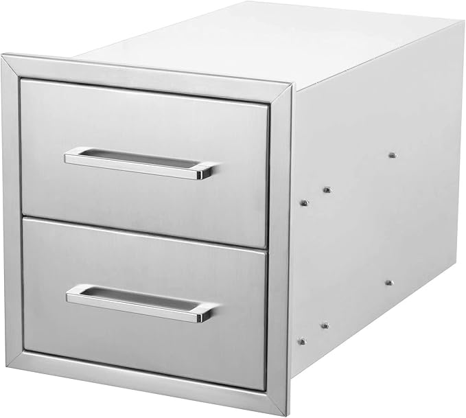 Outdoor Kitchen Drawers Stainless Steel 2-Drawer BBQ Drawer 14" W x 15" H x 23" D Enclosed Built-in Drawer Flush Mount for Outdoor Kitchens & BBQ Islands