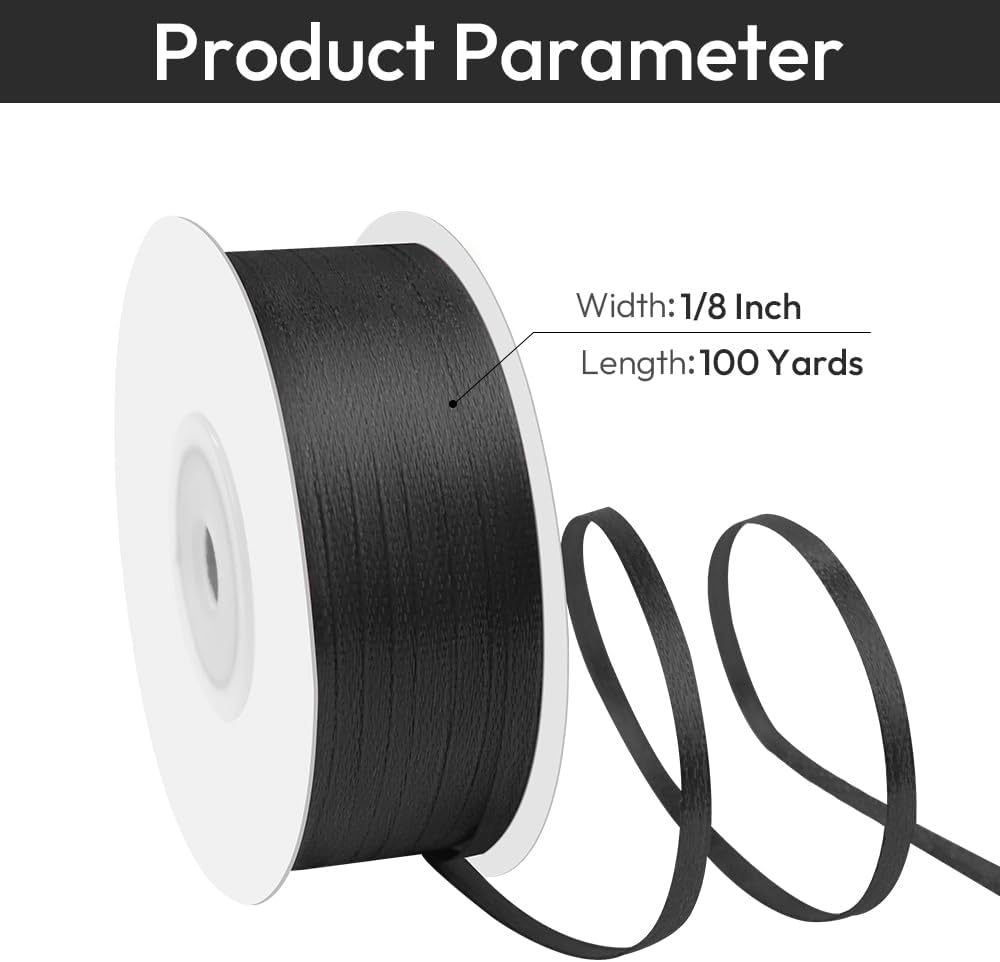 1/8" Width x 100 Yards Satin Ribbon, Thin Black Ribbon Perfect for DIY Craft, Bows, Gift Wrapping, Flower Bouquet, Valentine's Day, Christmas and Halloween Party Decoration
