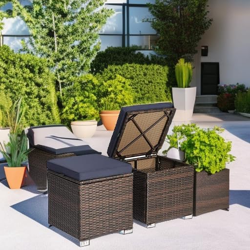 Tangkula 2 Pieces Patio Ottomans, Patiojoy Hand-Woven PE Rattan Side Table with Removable Cushion & Hidden Storage Space, Multifunctional Storage Box, Seat for Patio, Backyard, Poolside (Navy)