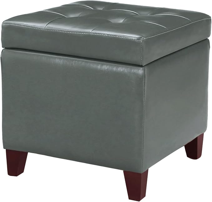 Homebeez Tufted Faux Leather Storage Ottoman Square Cube Foot Rest Stool with Flip Top (Grey)