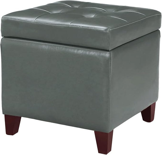 Homebeez Tufted Faux Leather Storage Ottoman Square Cube Foot Rest Stool with Flip Top (Grey)