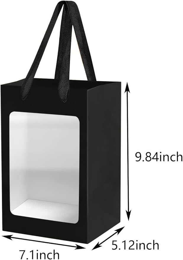 6 Pcs Black Paper Gift Bags with Transparent Window, 9.84"x7.0"x5.12" Kraft Shopping Bags with Handles for Bouquet Christmas Birthdays Festivals Party Weddings Wrapping