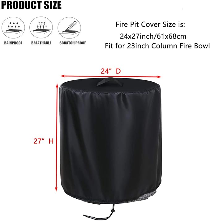 POMER Fire Column Cover, 24inch Round Fire Pit Covers Column Fire Bowl Waterproof Propane Gas Fire Pit Cover - 24" D x 27" H
