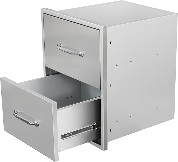 Outdoor Kitchen Drawers 18" W x 21" H x 18" D Flush Mount Double BBQ Drawers with Chrome Handle Stainless Steel Drawer for Outdoor Kitchen Island, Patio Grill Station