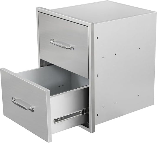 Outdoor Kitchen Drawers 18" W x 21" H x 18" D Flush Mount Double BBQ Drawers with Chrome Handle Stainless Steel Drawer for Outdoor Kitchen Island, Patio Grill Station