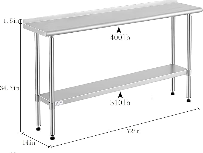 ROCKPOINT Stainless Steel Table for Prep & Work with Backsplash 14x72 Inches, NSF Metal Commercial Kitchen Heavy Duty Table with Adjustable Under Shelf and Table Foot for Restaurant, Home and Hotel