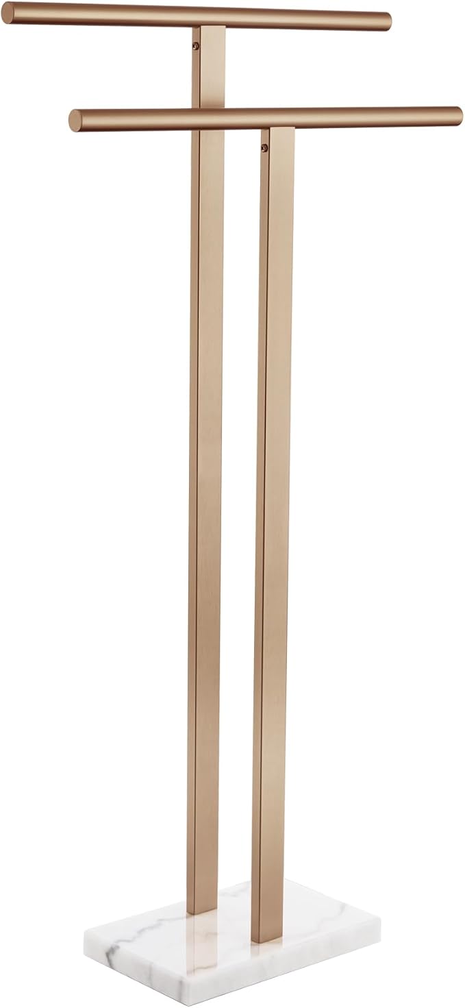 KOKOSIRI Standing Towel Rack for Bathroom Floor 2-Tier Towel Holder Free Stand with Heavy Marble Base Thicken Steady Champagne Bronze Stainless Steel THS0005-CPG