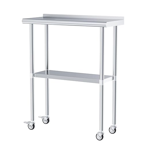Stainless Steel Work Table with Wheels, 14x30 Inch NSF Food Prep Table with Backsplash & Adjustable Undershelf for Commercial Kitchen, Restaurant, Garage