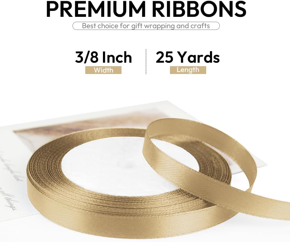 3/8 Inch 25 Yards Satin Ribbon Champagne Gold, Solid Color Fabric Ribbon for Gift Wrapping, Wedding, Polyester Gift Ribbon for Birthday Party Decoration, Craft, Hair, Floral, Sewing