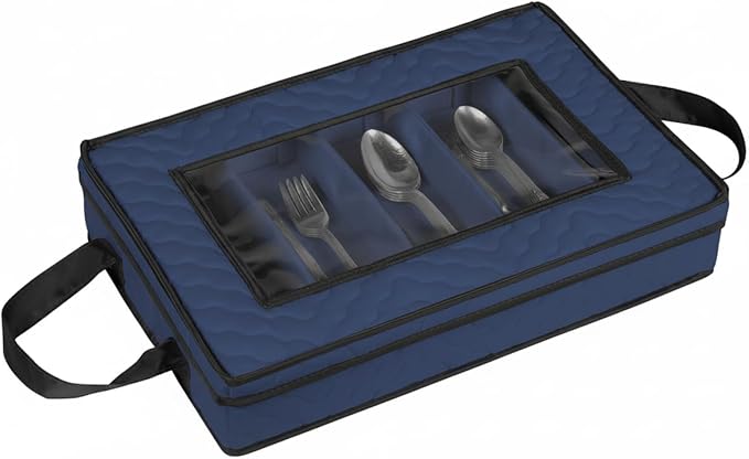 Flatware Storage Case - Durable 5 Compartment Silverware Storage Container Box with Removable Lid and Easy to Carry Handles - Large Capacity Keeps Your Cutlery Organized & Protected - Blue