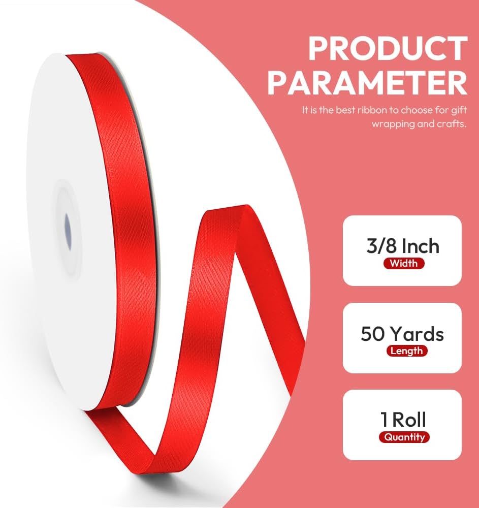 3/8" x 50 Yards Satin Ribbon - Red Silk Ribbon with Spool - Ideal for Gift Wrapping, Floral Bouquets, Crafts, Wedding Party Decorations, Christmas and Sewing Projects