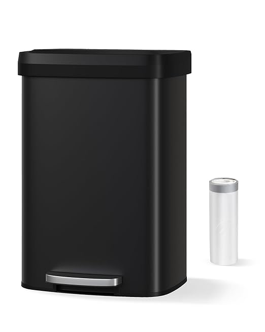 Garvee 13 gal / 50 L Metal Trash Can with Lid, Large Garbage Can for Kitchen, Rustproof Step-on Kitchen Metal Trash Bin with Liner Rim, Rear Handle, Soft Close Plastic Lid, Black