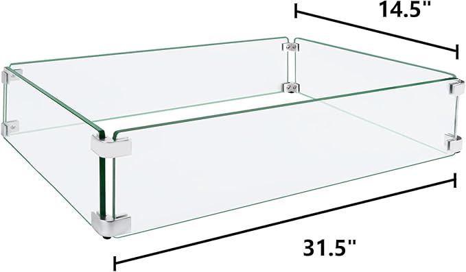 Fire Pit Wind Guard, 31.5"x14.5"x6" Glass Wind Guard for Fire Pit Square Table, Made of Clear Tempered Glass, Set with Assembly Instructions, Easy to Install