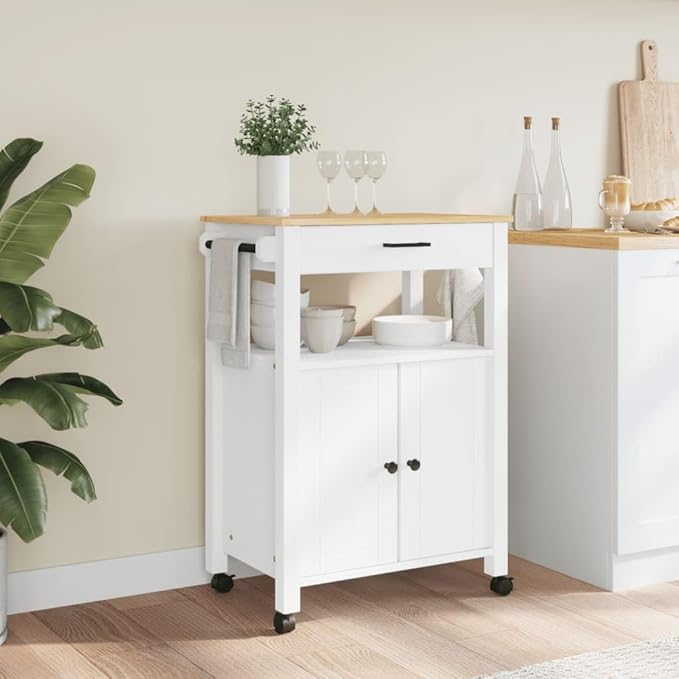 Kitchen Trolley Monza Rolling Kitchen Island Cart with Storage, Portable Dining Room Serving Utility Carts, White 23.6" x 15.7" x 35.4" Solid Wood Pine KH76A
