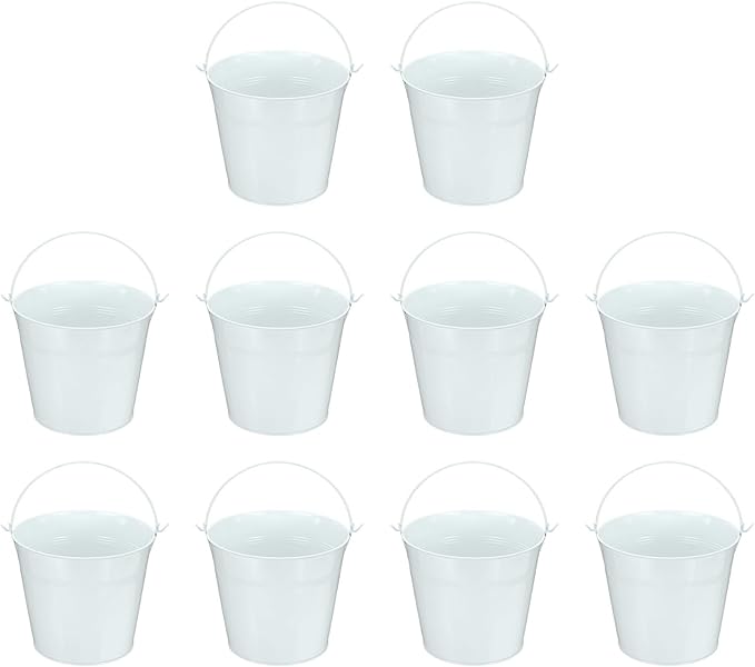 Small Metal Buckets, Mini Buckets with Handle Galvanized Colored Tin Pail Containers Basket Party Supplies - Fit for (Halloween - Classroom Crafts) 7" & 10Pcs & White