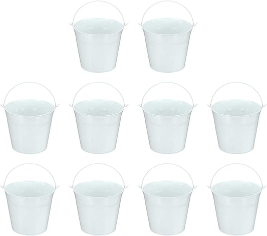 Small Metal Buckets, Mini Buckets with Handle Galvanized Colored Tin Pail Containers Basket Party Supplies - Fit for (Halloween - Classroom Crafts) 5" & 10Pcs & White