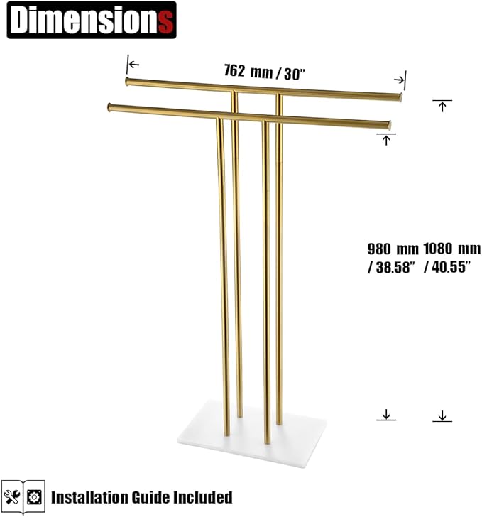 JQK Bath Towel Holder Stand Brushed Gold, 30 Inch Free Standing Double Towel Rack Shelf for Bathroom Floor, Light Gold, BTH100L30-WG