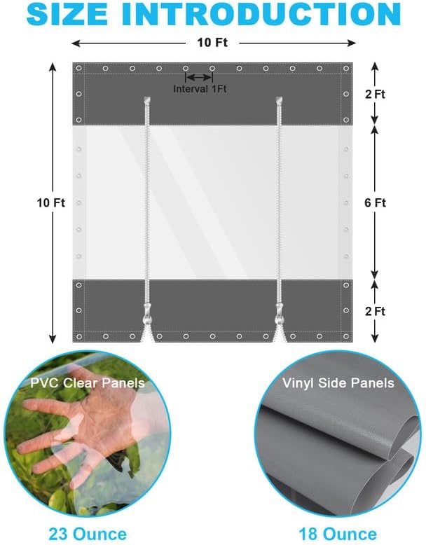 Clear Vinyl Curtains with Zippered Entry, 23oz Heavy Duty Waterproof Anti-UV and Tear-Resistant Tarpaulin with Grommets, Weatherproof Panels for Porch, Pergola, Gazebo, Balcony, Patio, Enclosure