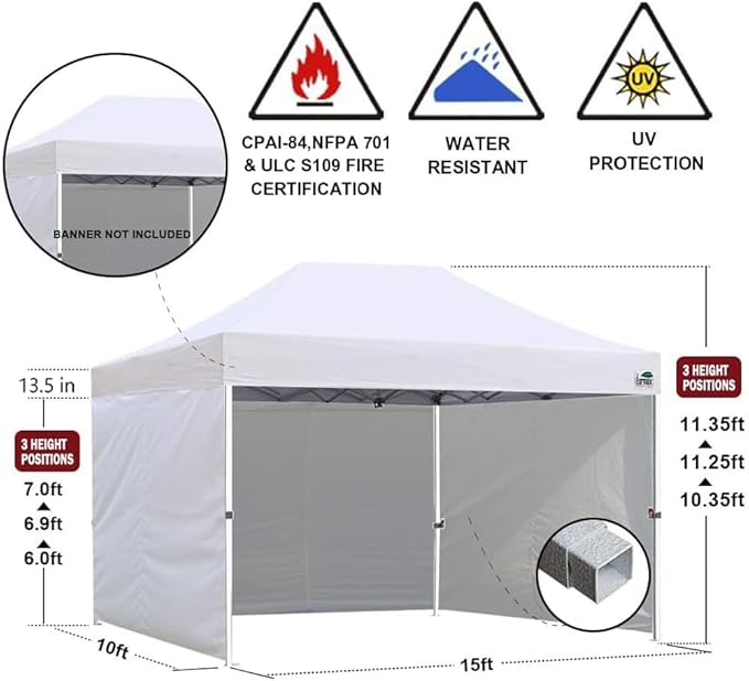 Eurmax USA 10'x15' Pop-up Canopy Tent Commercial Instant Canopies with 4 Removable Zipper End Side Walls and Roller Bag, Bonus 4 SandBags(White)