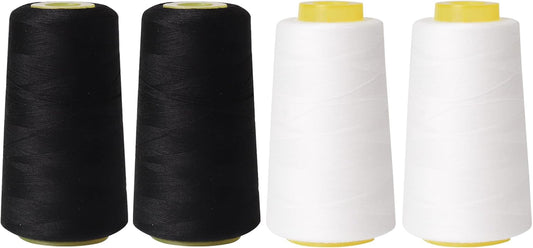 Sewing Thread Cone Set, 4 Pack Serger Thread, 3000 Yards Each, All Purpose Thread for Sewing, Quilting, Machines, Overlock, Merrow & Hand Embroidery (Black2White2)