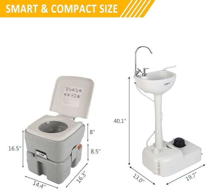 VINGLI Upgraded Portable Sink and Toilet Combo| Self-contained 5 Gal Hand Washing Station & 5.3 Gal Flushing Toilet, Perfect for Camping/RV/Boat/Road Tripper/Camper, Detachable & Lightweight