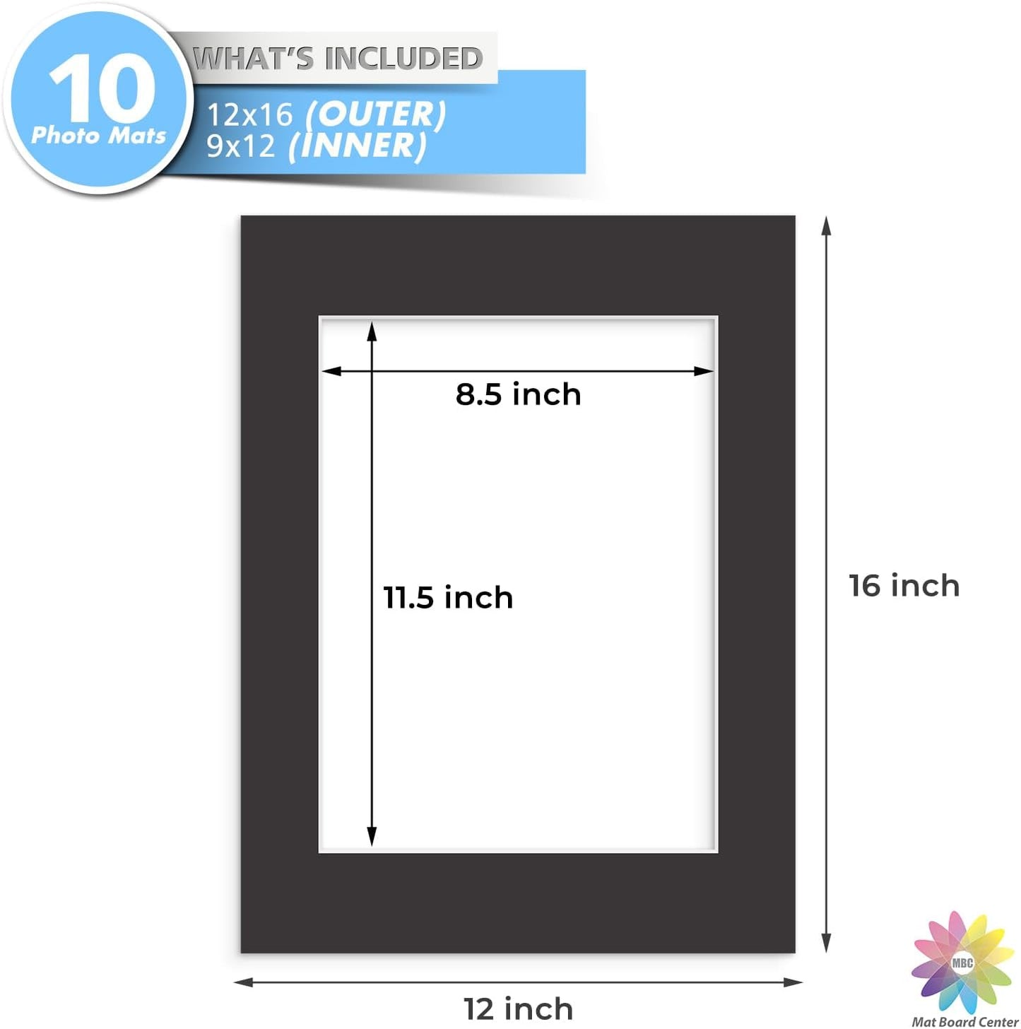 MBC Mat Board Center, 10 Pack 12x16 for 9x12 Black Picture Mats Frame Mattes, Bevel Cut, Acid Free, 4-ply Thickness