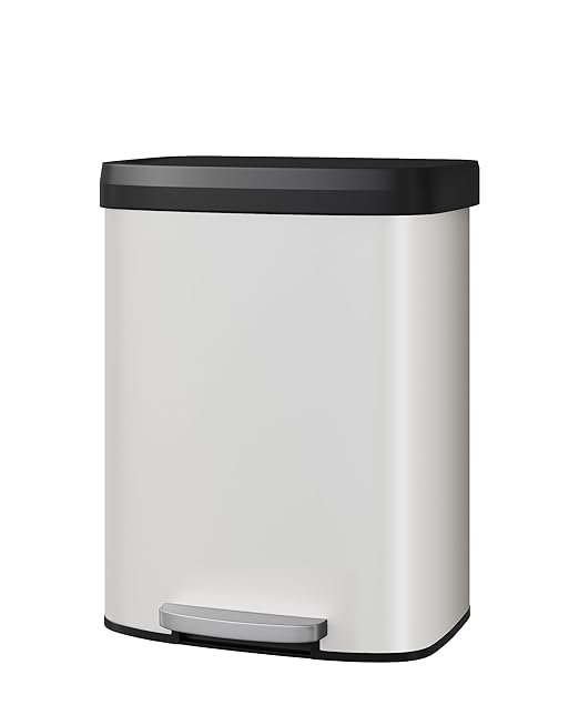 Garvee 16 gal / 60 L Metal Trash Can with Lid, Large Garbage Can for Kitchen, Rustproof Step-on Kitchen Metal Trash Bin with Liner Rim, Rear Handle, Soft Close Plastic Lid, White