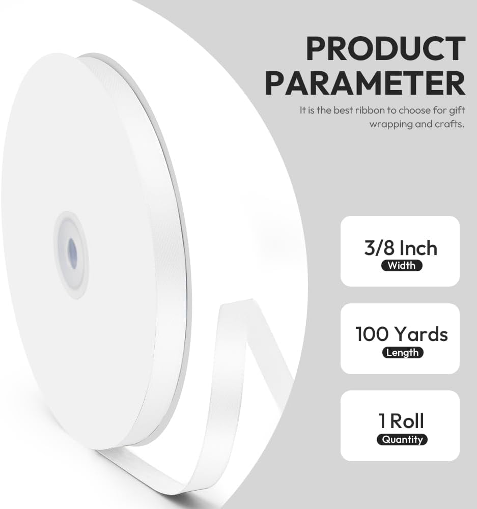 3/8" x 100 Yards Satin Ribbon - White Silk Ribbon with Spool - Ideal for Gift Wrapping, Floral Bouquets, Crafts, Wedding Party Decorations, Christmas and Sewing Projects