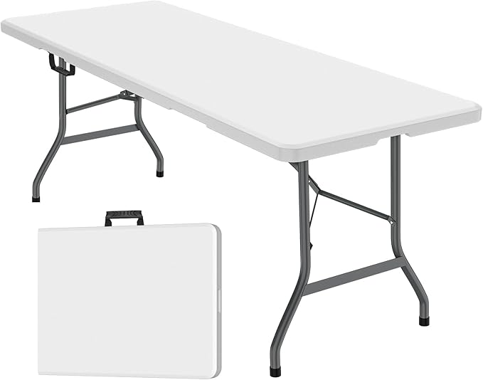 FWTI Deal Folding Table 6ft, Heavy Duty Portable, Built in Carrying Handle & Alloy Steel Legs for Party, Dining, Wedding, Events, Picnic, Indoor, Outdoor, Camping, Utility, White