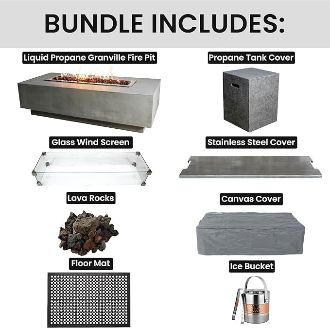 Elementi Granville Fire Pit Bundle Outdoor Firepit Set Includes 60” Propane Concrete Firepit Table, Glass Windscreen, Stainless Steel Cover, Tank Cover, Canvas Cover, Floor Mat, Ice Bucket