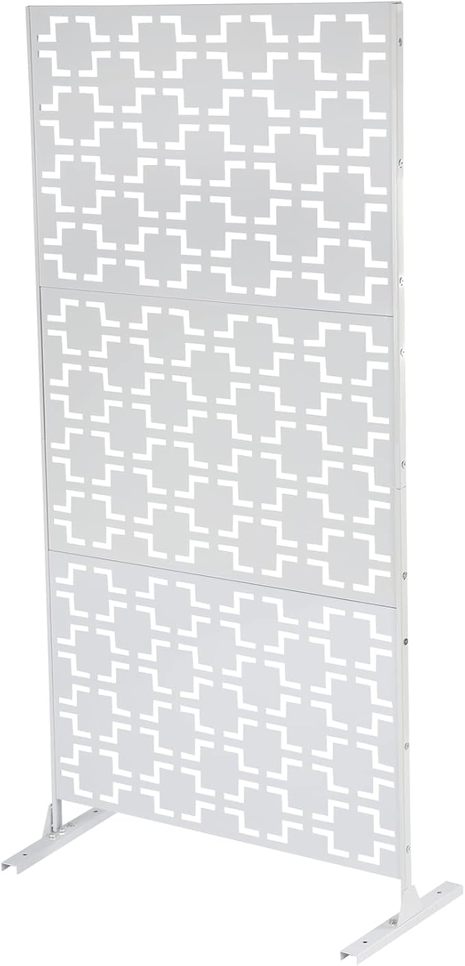 75" H×35" W Decorative Outdoor Privacy Screen with Stand, Outdoor Decor Privacy Fence Screen Metal Fence Panels, Free Standing Metal Divider for Patio Lawn Deck (White-Square)
